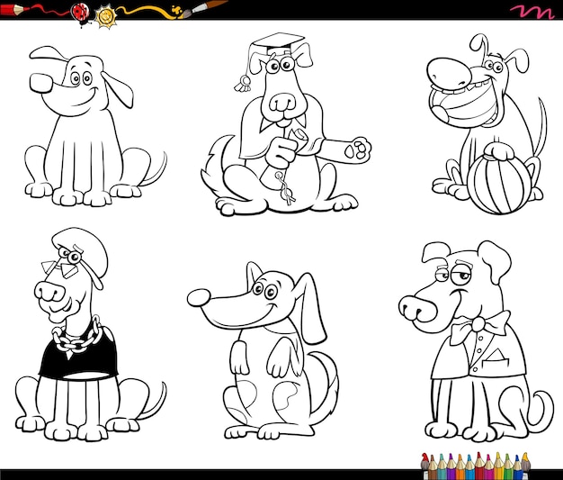 Perros de dibujos animados o personajes de cachorros para colorear página