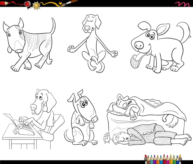 Perros de dibujos animados personajes animales conjunto página de colorear