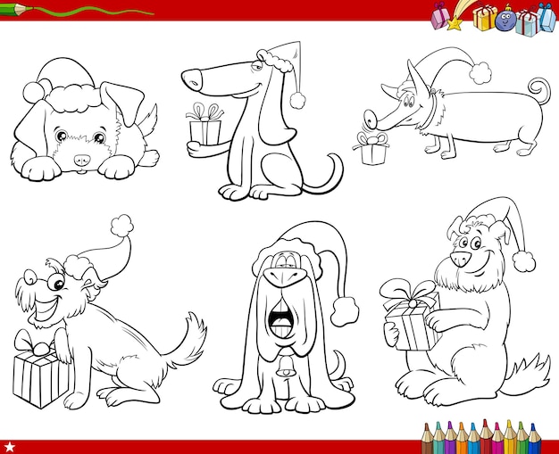 Perros de dibujos animados personajes de animales en el tiempo de navidad para colorear página del libro