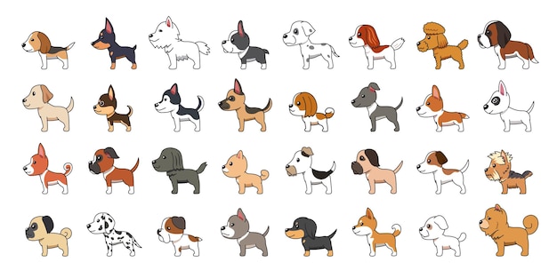 Perros de dibujos animados vectoriales de varias razas vista lateral