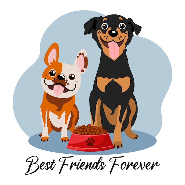 Vector perros divertidos con un tazón de comida, un pinscher y un bulldog, y texto mejores amigos para siempre. dibujos animados