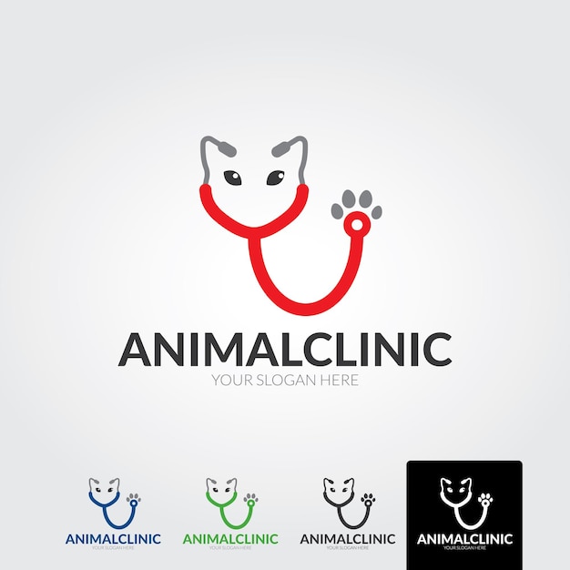 Perros y gatos y icono del logotipo de atención veterinaria de mascotas en fondo blanco