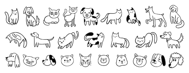 Perros y gatos lindos dibujando iconos dibujados a mano sentados de pie dibujando contornos de gatos y perros