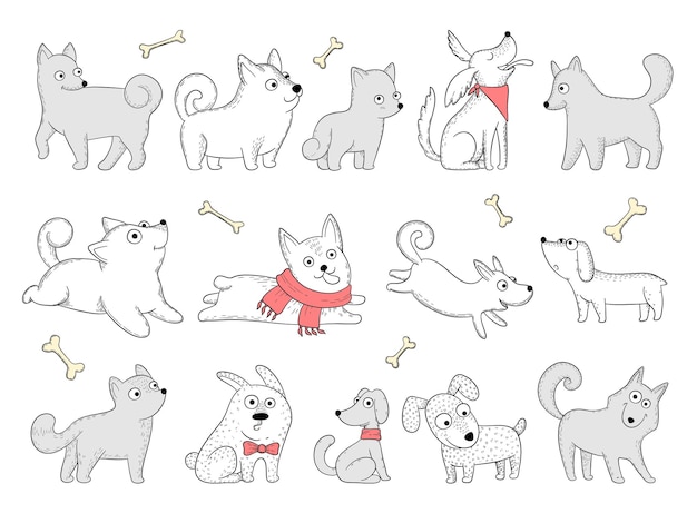 Perros graciosos. Cachorros domésticos en acción posan sentados saltando jugando animales vectoriales. Pose de perro doméstico, ilustración de raza de cachorro divertido