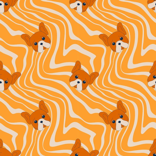 Perros lindos bozal maravilloso de patrones sin fisuras doodle caras de cachorros divertidos cabezas de perro 970 retro hippie ondulado