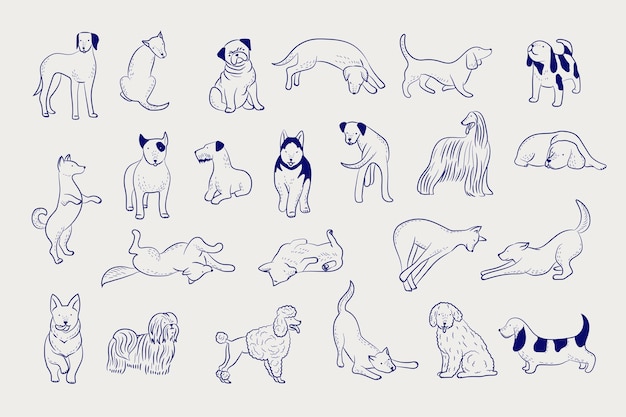 Perros lindos dibujos divertidos de perros animales domésticos animales vectoriales recientes lineales dibujados a mano