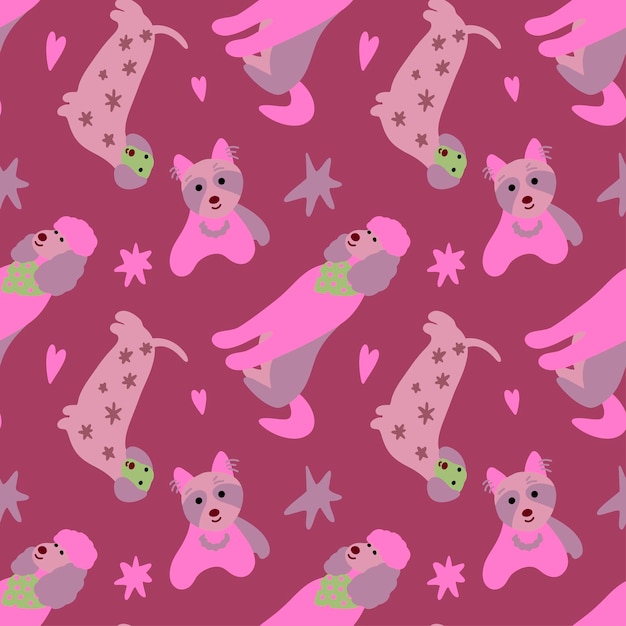 Perros lindos de diferentes razas patrón sin costuras vectorial perros de dibujos animados con estrellas