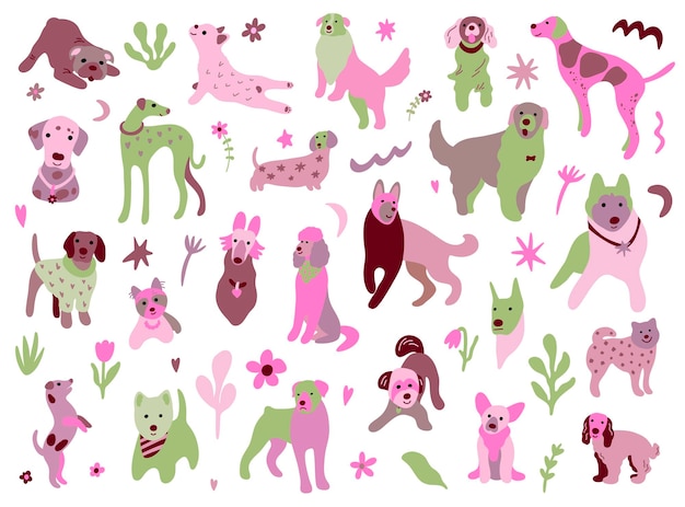 Vector perros lindos gran conjunto vectorial con plantas estrellas corazones lunas colección de perros de dibujos animados animales de compañía divertidos