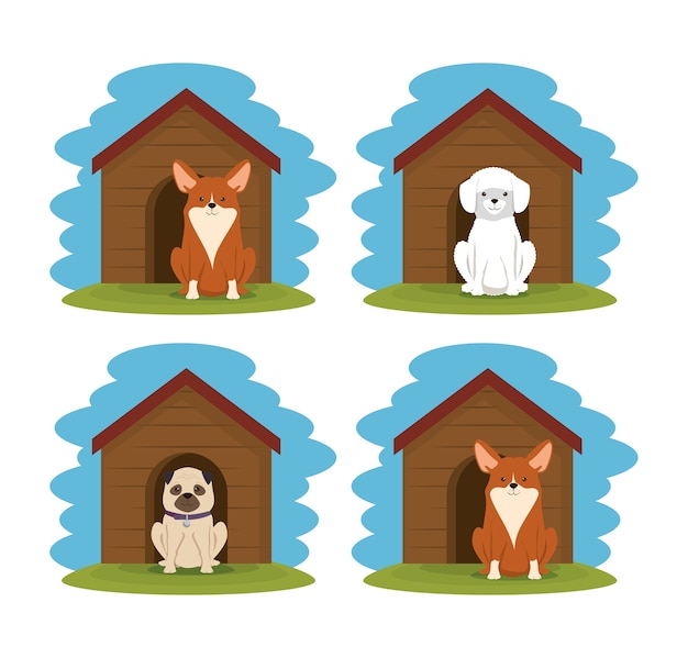 Vector perros lindos mascotas en casa de madera