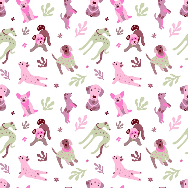 Perros lindos patrón sin costuras vectorial Perros de dibujos animados con flores y hojas
