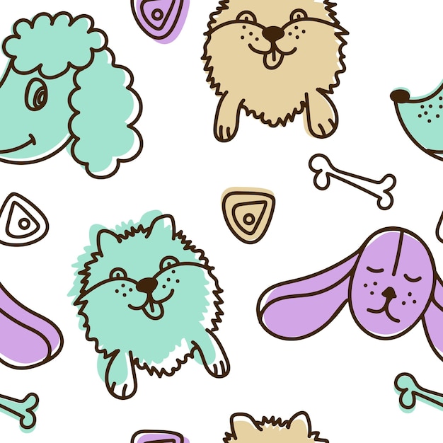 Perros patrón divertido sobre un beagle pomeranian de fondo blanco y caniche vector ilustración