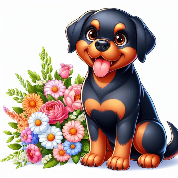 Vector perros rottweiler lindos amplificador vector de flores ilustración de dibujos animados