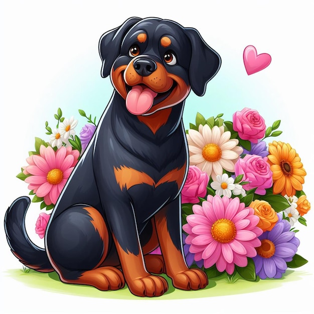 Perros Rottweiler lindos amplificador vector de flores Ilustración de dibujos animados
