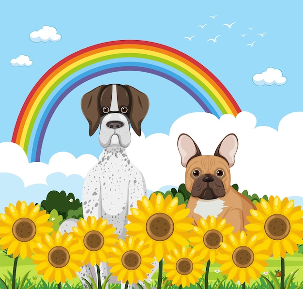 Vector perros sentados en la hierba con girasol y arco iris