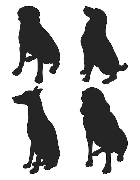 Vector perros de silueta sentados en diferentes poses paquete dibujado a mano de formas de mascotas y figuras vector aislado