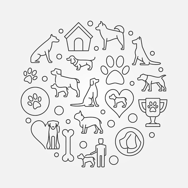 Perros vector ilustración de concepto redondo o banner en estilo de línea fina