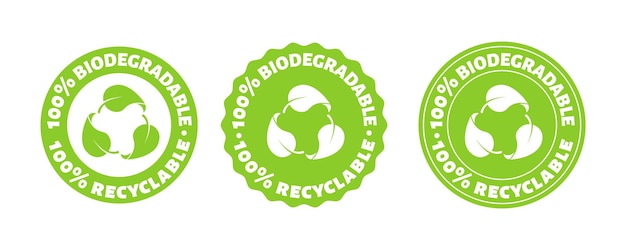 persent, biodegradable, reciclar, sello, vector, reutilizable, plástico, bio, paquete, logotipo, icono, conjunto, eco, señal