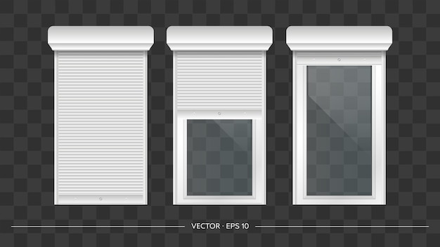 Persiana enrollable abierta en la ventana euro. Ventana euro realista con vector de persianas enrollables.