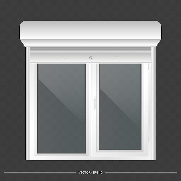 Persiana enrollable abierta en la ventana euro. Ventana euro realista con vector de persianas enrollables.