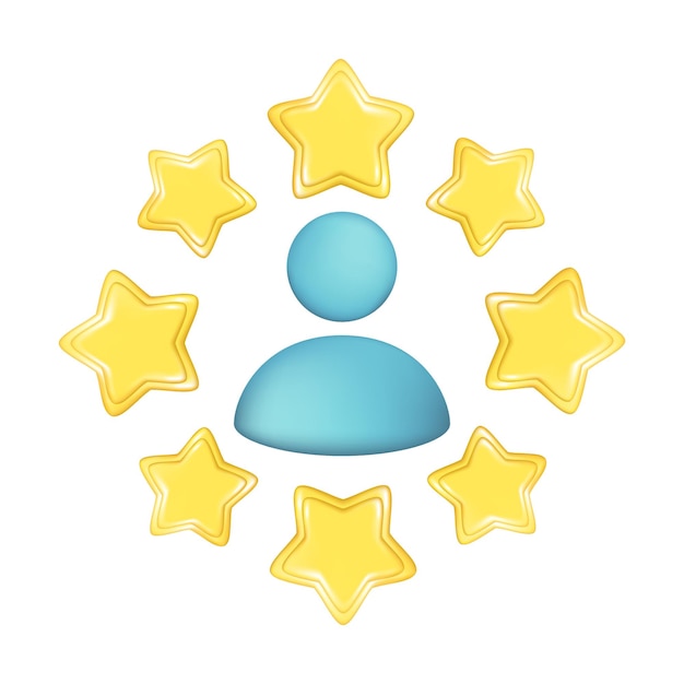 Persona 3D realista con estrellas doradas Comentarios de calidad 3D del cliente Clasificación del usuario Elemento de retroalimentación del cliente Puntuación del símbolo de satisfacción Ícono de ilustración vectorial aislado en fondo blanco