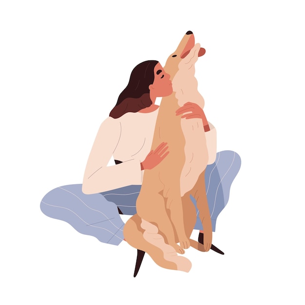 Persona abrazando perro con amor. Dueño de mascota y animal canino. Mujer feliz y cariñosa amiga perruna, compañera. Cariño y ternura. Ilustración de vector plano aislado sobre fondo blanco.