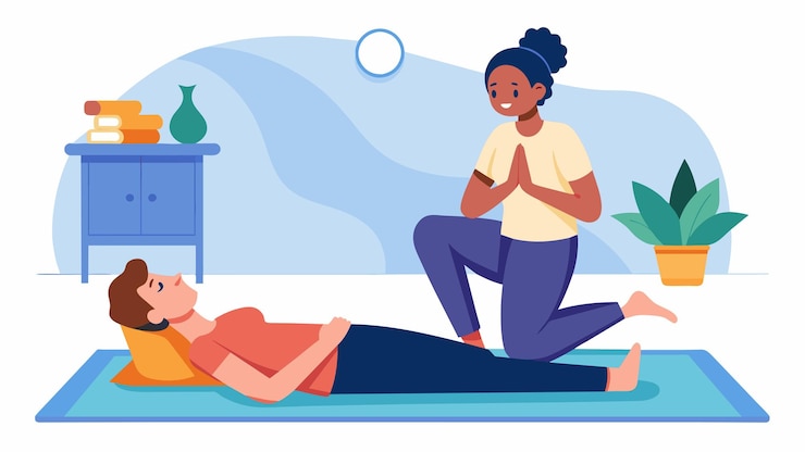 Vector una persona acostada en una alfombra de yoga discutiendo sus emociones y luchando con un en un estudio calmante