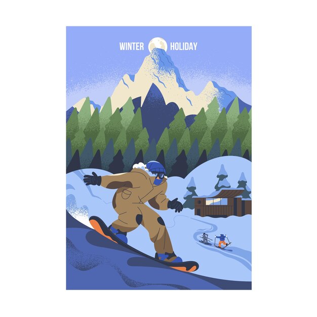 Persona activa haciendo snowboard en el cartel de montaña Personas montando a bordo en una pendiente de nieve en vacaciones de invierno Turismo deportivo en la estación de esquí en vacaciones Actividad extrema en rocas nevadas Ilustración vectorial plana