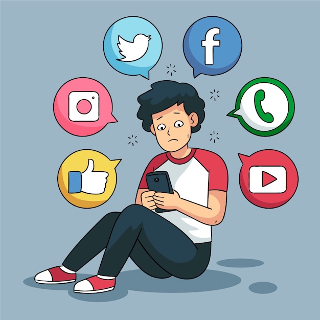 Una persona adicta a las redes sociales. | Vector Premium Una persona adicta a las redes sociales. | Vector Premium