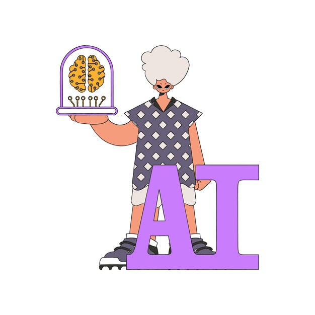 Persona agarrando una mente AI de aspecto robótico, arte vectorial.