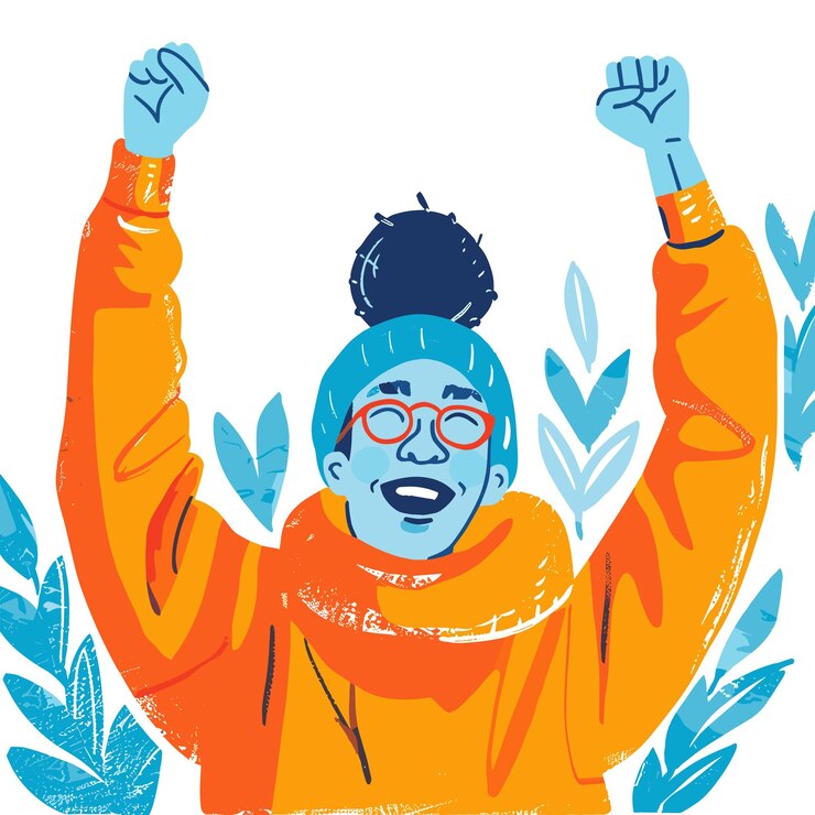 Vector persona alegre con chaqueta naranja celebrando