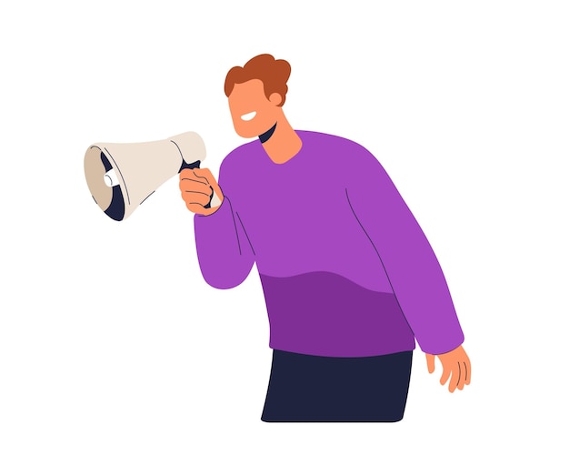 Persona con altavoz. Hombre anunciando noticias con altavoz en las manos. personaje feliz con megáfono, megáfono para anuncio de información. Ilustración de vector plano aislado sobre fondo blanco