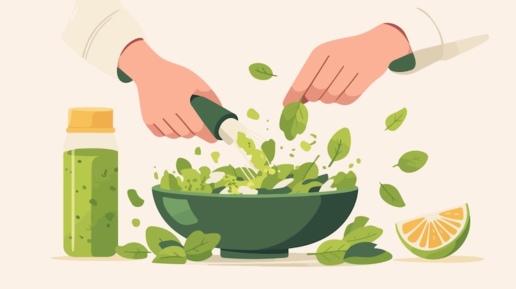 Vector una persona añadiendo hojas de albahaca frescas a un procesador de alimentos