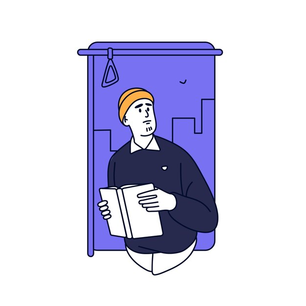 Persona con ansiedad sostiene un libro en las manos leyendo dentro del transporte público Hombre frustrado solitario ansioso Personaje pensativo pensativo en estrés Ilustración vectorial de contorno aislado plano en blanco