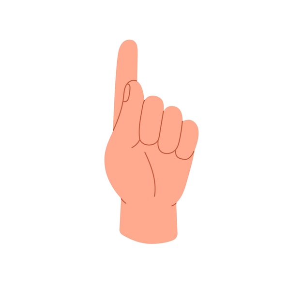 Persona apuntando hacia arriba icono gesto de la mano dedo índice que aparece dedo índice levantado indica la ruta de dirección lenguaje corporal de comunicación no verbal ilustración vectorial aislada plana en blanco