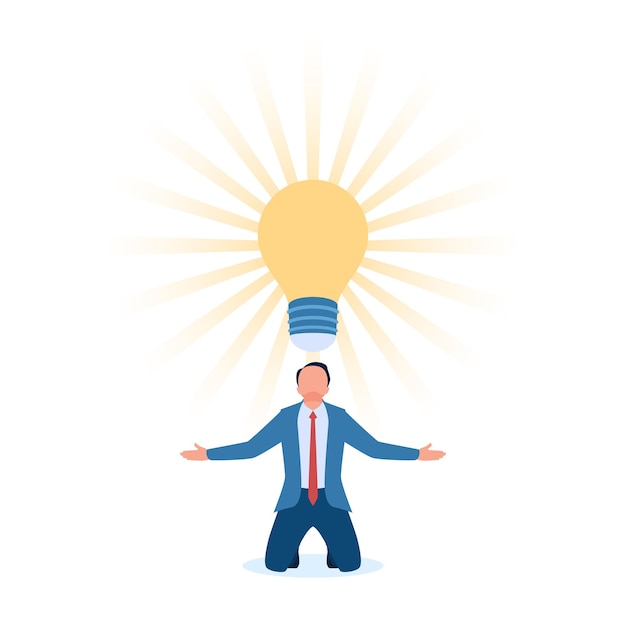 Persona arrodillada bajo la sombra de la lámpara de ideas metáfora de la innovación de ideas