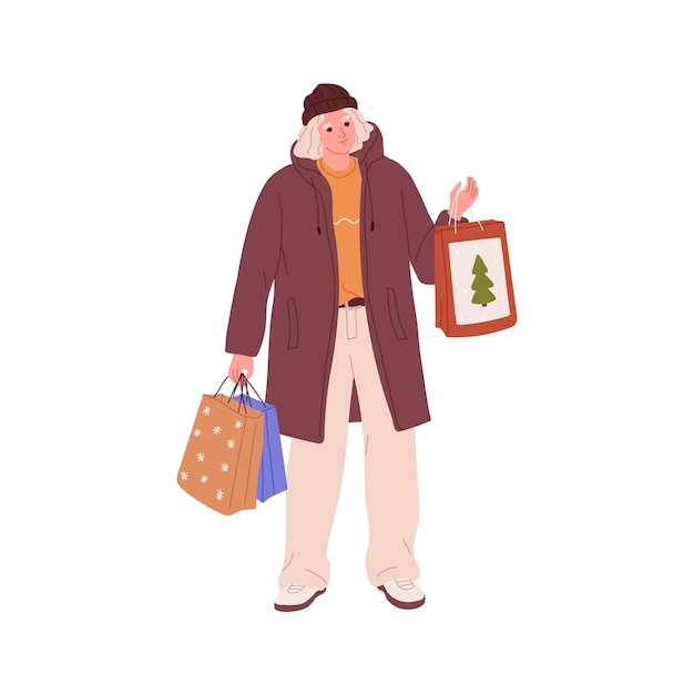 Persona con bolsas de compras de navidad preparando y llevando regalos para las vacaciones de invierno al aire libre preparación para navidad y año nuevo en invierno ilustración vectorial plana aislada en fondo blanco