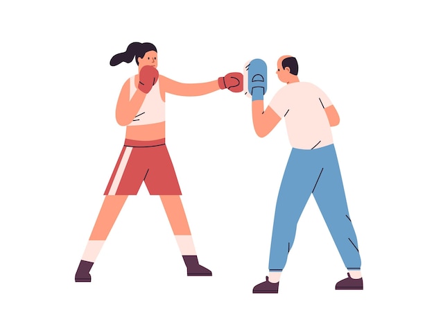 Vector persona boxeando, entrenando para golpear. mujer golpeando la almohadilla de mano con el puño en el guante en el entrenamiento de caja con entrenador. boxeadora en pantalones cortos trabajando. ilustración de vector plano aislado sobre fondo blanco