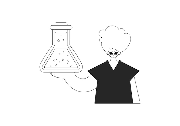 Persona con una carafe química Punto de aprendizaje Artesanía de línea oscura y blanca Ilustración vectorial de estilo de moda
