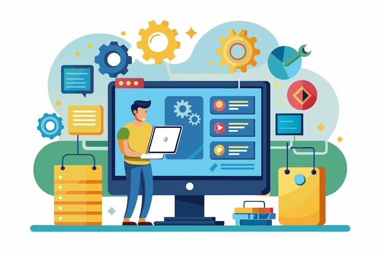 Vector una persona se centra en la instalación de software mientras interactúa con una pantalla de computadora llena de íconos y engranajes instalar software en la ilustración plana de la computadora