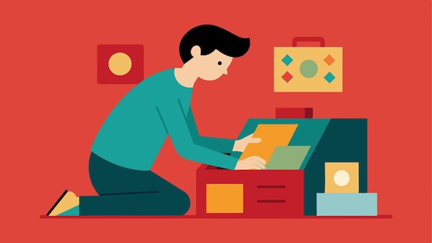 Una persona clasificando a través de una caja de viejos recuerdos usándolos para desencadenar recuerdos y participar en un