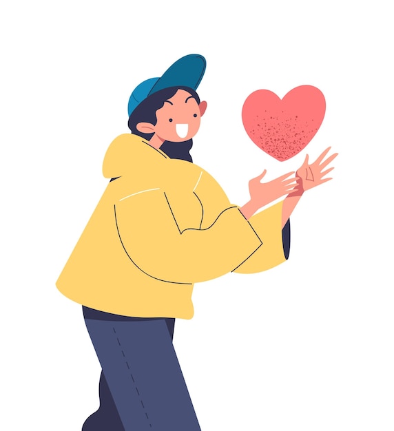 Vector persona compartir concepto de amor mujer con el corazón en la mano aceptación de la pasión y el romance sentimientos y emociones cartel o pancarta ilustración vectorial plana de dibujos animados aislada sobre fondo blanco