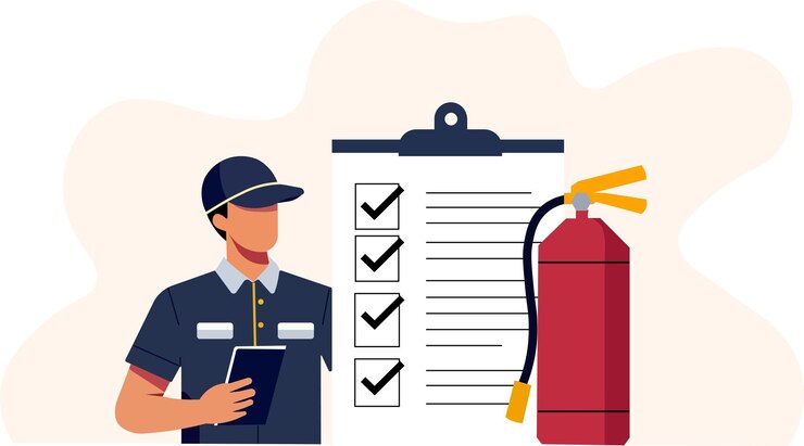 Vector la persona comprueba el extintor de incendios la lista de comprobación para garantizar el cumplimiento de la seguridad la escena incluye el portapapeles con marcas de comprobación y el extinguidor de incendios haciendo hincapié en la seguridad contra incendios