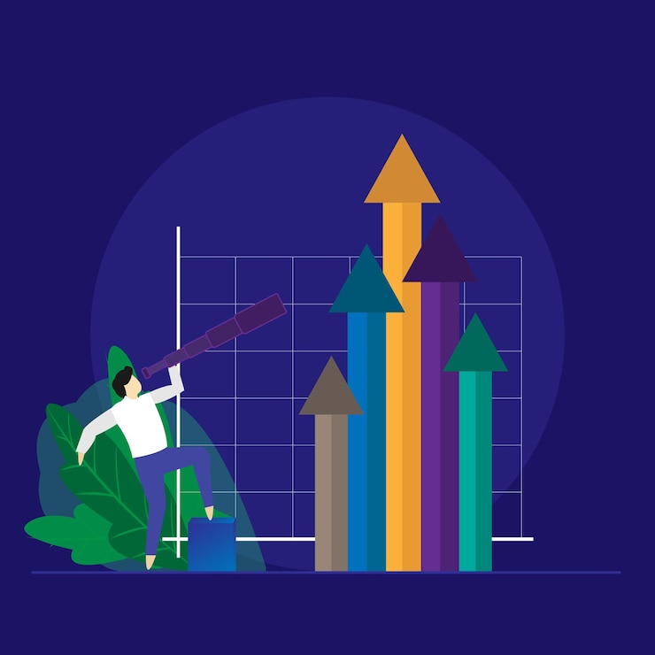 Vector persona de concepto futurista y de determinación mirando en binoculares visión de pronóstico empresarial