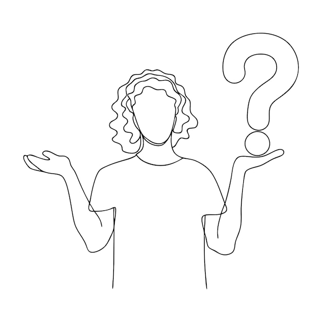 Persona confundida con signos de interrogación Concepto de resolución de problemas dibujo continuo de una línea