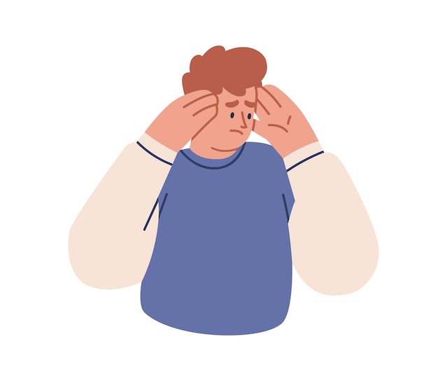 Persona deprimida agarrando la cabeza después de fracasar Angustiado decepcionado hombre preocupado con expresión facial confusa frustrada Emoción de decepción Ilustración vectorial plana aislada sobre fondo blanco