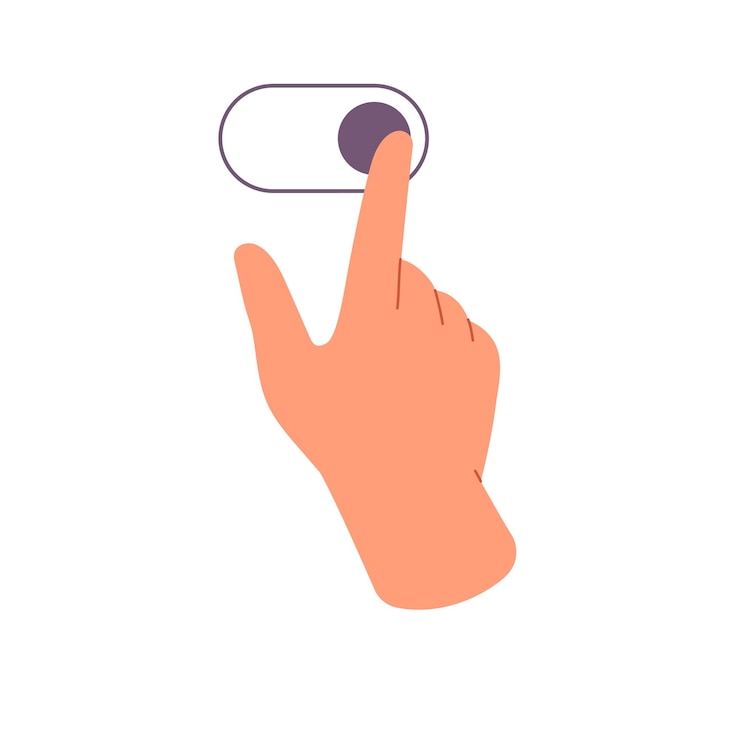 Vector persona desliza a la derecha en la pantalla táctil tutor de gesto de la mano para la interfaz de la pantalla táctual para deslizar el interruptor de encendido o apagado dirección de control del sensor ilustración vectorial aislada plana en fondo blanco