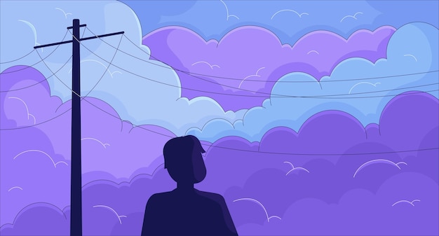 Persona disfrutando del amanecer de pie bajo líneas eléctricas papel tapiz lofi