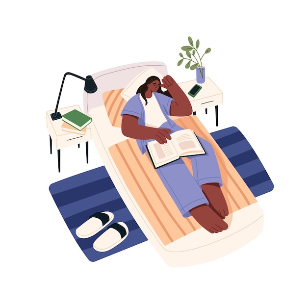 Vector persona durmiendo mujer quedándose dormida mientras lee el libro estudiante acostado sobre una almohada en la cama y tomando una siesta en el dormitorio mujer soñolienta relajándose en casa ilustración vectorial plana aislada en fondo blanco