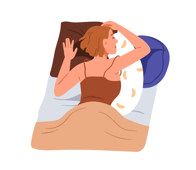 Persona durmiendo sobre el estómago Mujer durmiendo en posición de vientre con almohada ortopédica debajo de la manta Niña soñando relajándose en la cama vista superior Ilustración vectorial plana aislada sobre fondo blanco