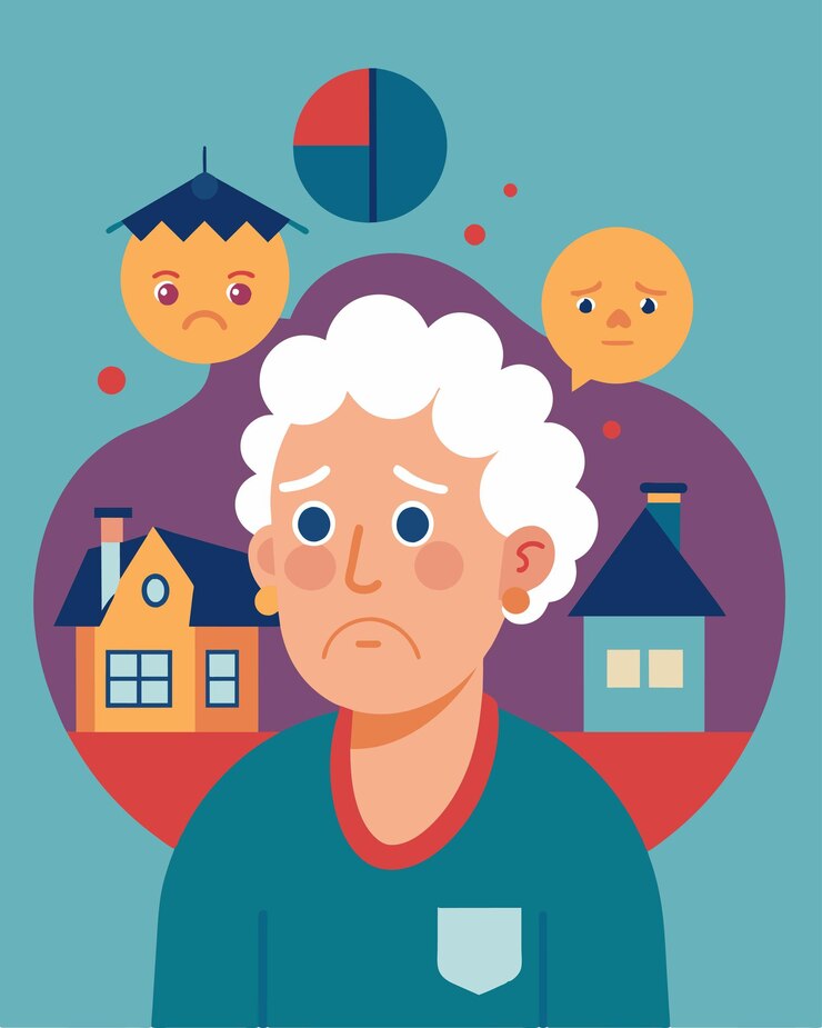 Vector una persona de edad avanzada en una casa de retiro que se preocupa por no tener suficientes ahorros para cubrir el aumento